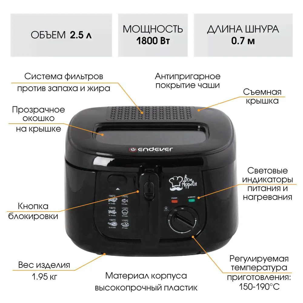 Фритюрница Endever Skyline FR-110 / 1800Вт / 2,5л-0